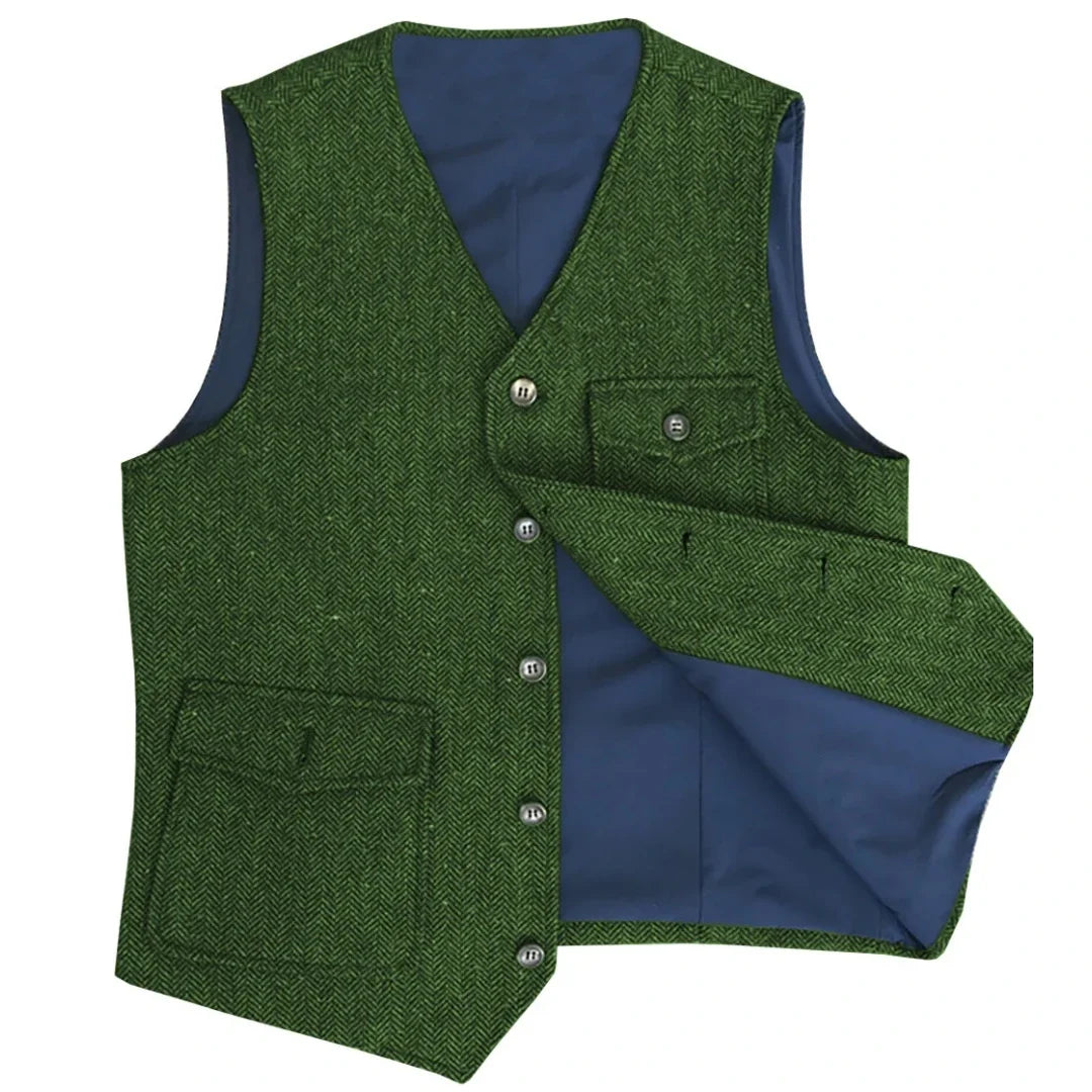 Men Vest Dark Green Herringbone Single Button V Neck Pocket Waistcoat For Wedding Party Business Work Daily Casual Men Suit Vest