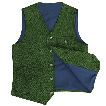 Men Vest Dark Green Herringbone Single Button V Neck Pocket Waistcoat For Wedding Party Business Work Daily Casual Men Suit Vest