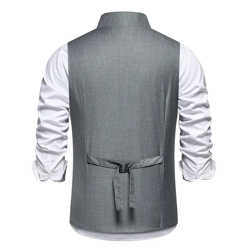 Man Suit Vest Spring Autumn Thin Solid Stand Collar Male Waist Slim Sleeveless Single-breasted Business Wedding Men Vest
