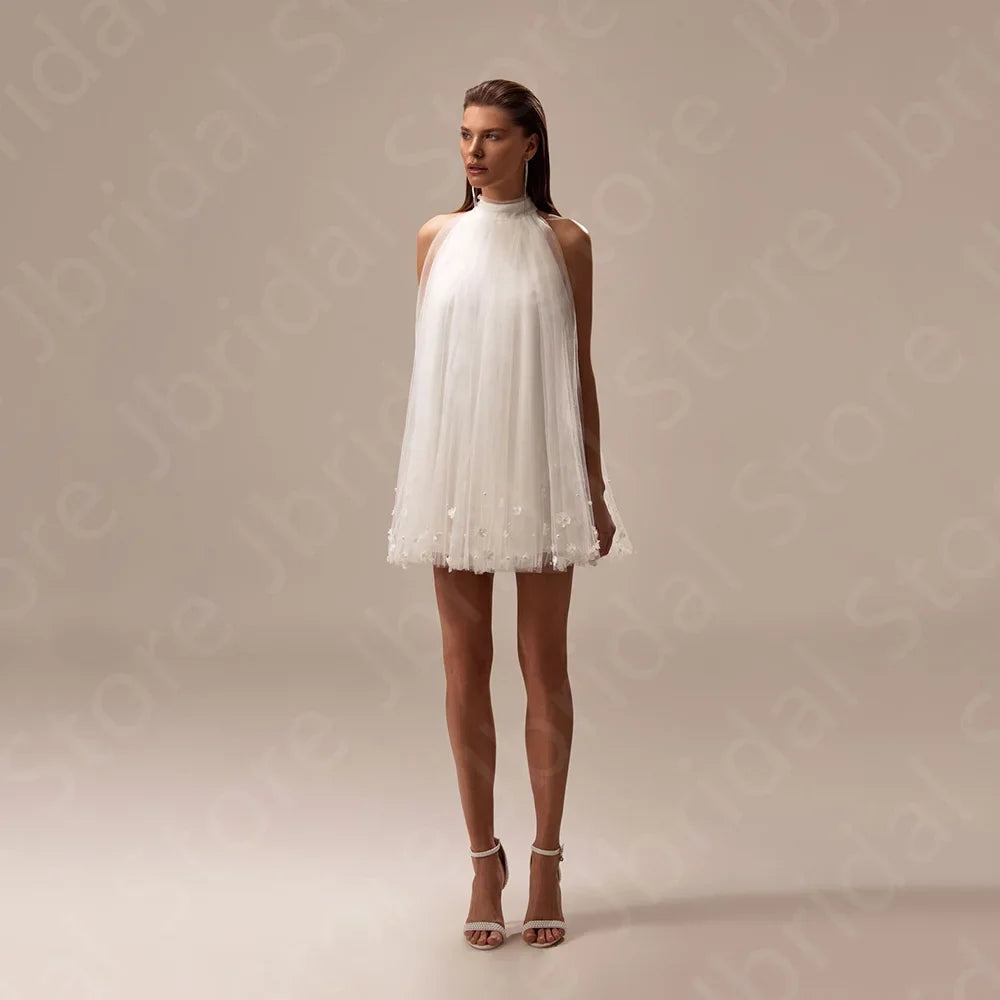 Customized Gorgeous High Neck Wedding Dresses 2025 Mini Length Bridal Gowns Sleeveless Bride Dresses Pearls Wedding Gown Flowers