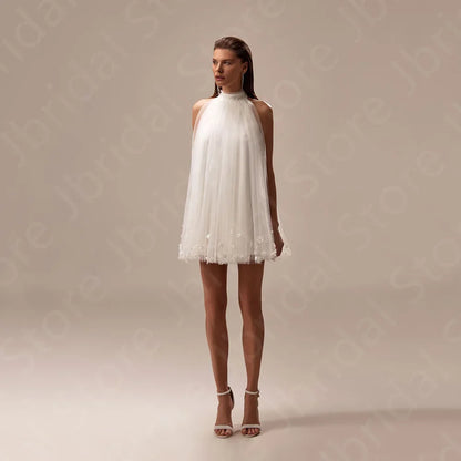 Customized Gorgeous High Neck Wedding Dresses 2025 Mini Length Bridal Gowns Sleeveless Bride Dresses Pearls Wedding Gown Flowers
