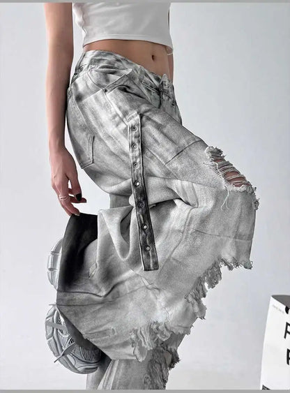 Women Jeans Pants American High Street Ripped Straight Wide-Leg Jeans For Women Design Tie-Dye Jazz Dance Cargo Full Thin Jeans