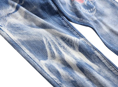 2026 Men's Blue 3D Printing Jeans, Black Wolf Pattern Printed Punk Straight Cotton Casual Print Denim Pants Asian Size 28-42
