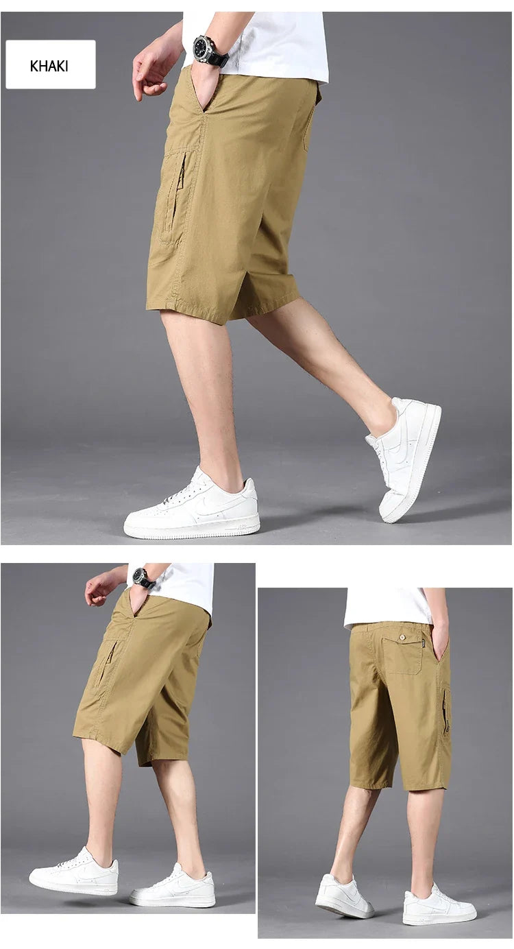 Men Cargo Shorts Zipper Pocket Loose Casual Big Size Shorts Big and Tall Cotton Knee Shorts