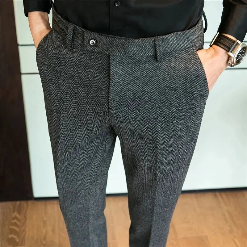 Autumn Winter Man Elastic Pants Herringbone Straight Leg Trousers Knitted Business Casual Banquet Men's Suit Pants