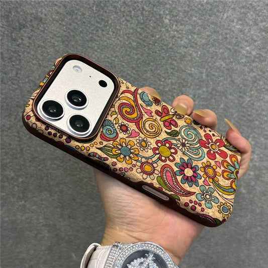 جراب مغناطيسي من جلد البولي يوريثان بطبعة زهور عتيقة متداخلة لهاتف iPhone 17 Pro Max متوافق مع Magsafe غطاء صلب مقاوم للصدمات بنمط زهور ملون
