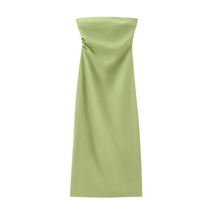 Women Fashion Summer New Sexy Split Back Zip Pleated Sleeveless Strapless Dress Chic Female French Elegant Evening