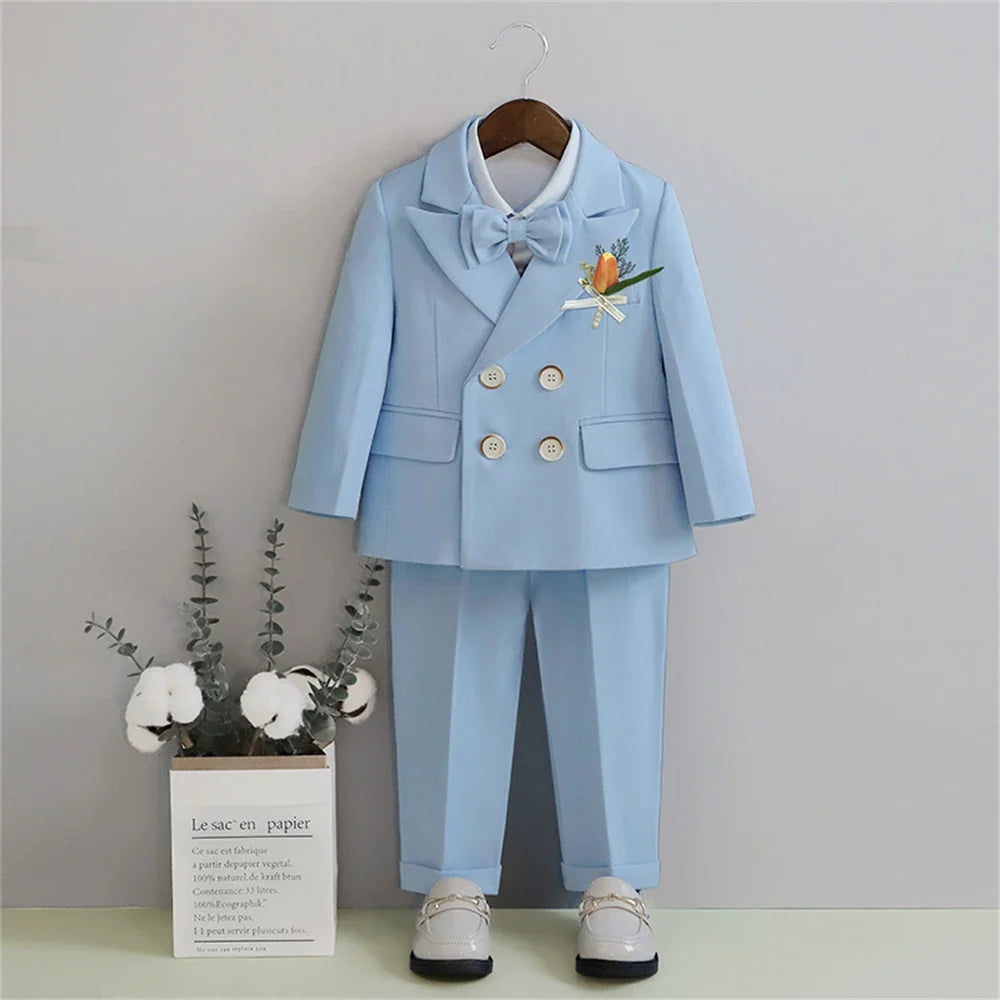 2-14 Yrs Toddler 3-Piece Suit Set Double Breasted Suit Jacket Pants Bowtie Birthday Communion Party Suit for Children