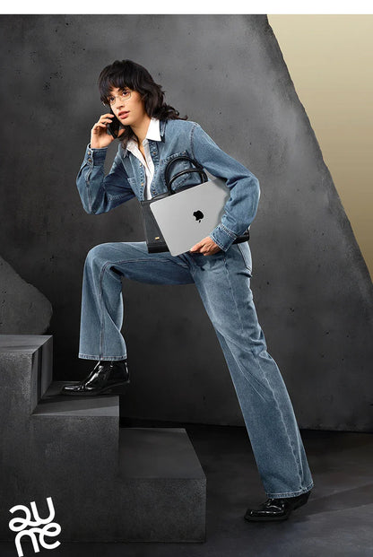Women Denim Jeans 2025 Autumn New Lycra Stretch Straight Wide Leg Long pants