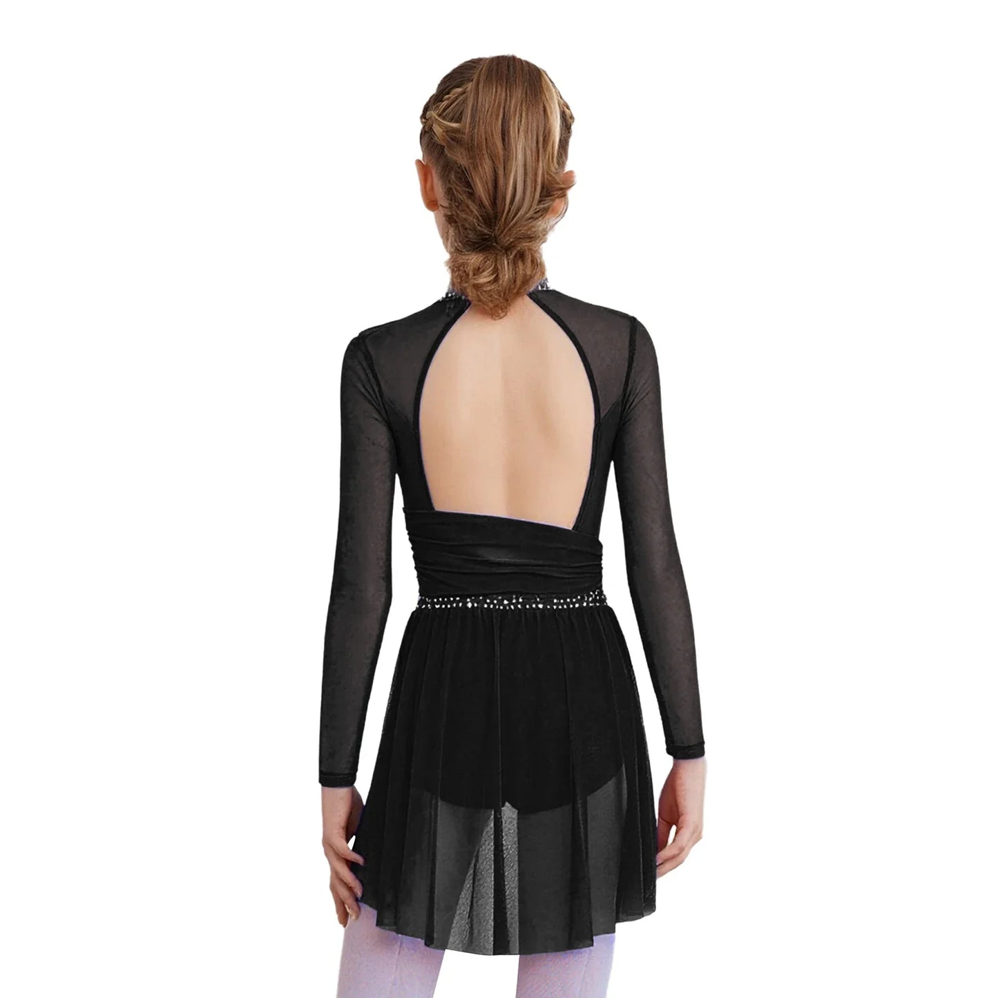 Kids Girls Gymnastics Figure Skating Ballet Lyrical Dance Costume Dress Side Split Sheer Mesh Ruched Glittery Rhinestones Dress