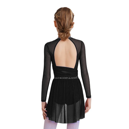 Kids Girls Gymnastics Figure Skating Ballet Lyrical Dance Costume Dress Side Split Sheer Mesh Ruched Glittery Rhinestones Dress