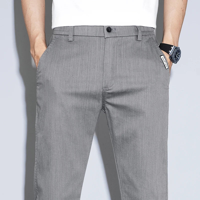 Spring Summer Thin Men's Slim Straight Casual Pants Fashion Korean Solid Color Elastic Comfortable Business Gray Trousers