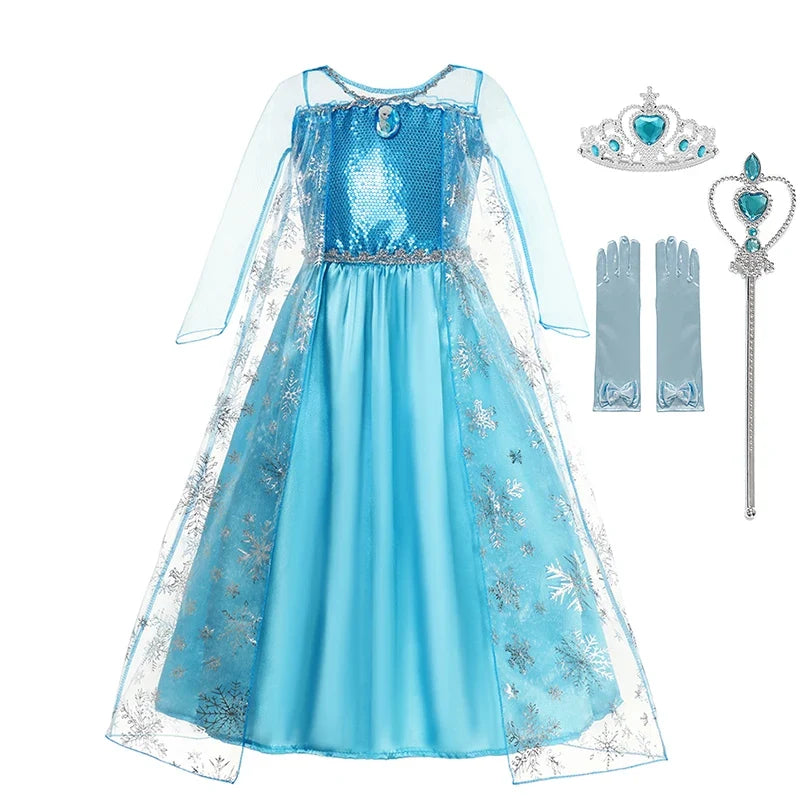Elsa Dress for Girls Elsa Mesh Long Dress Costume Children Kids Carnival Snow Queen Cosplay Dress Purim Birthday Party Ball Gown