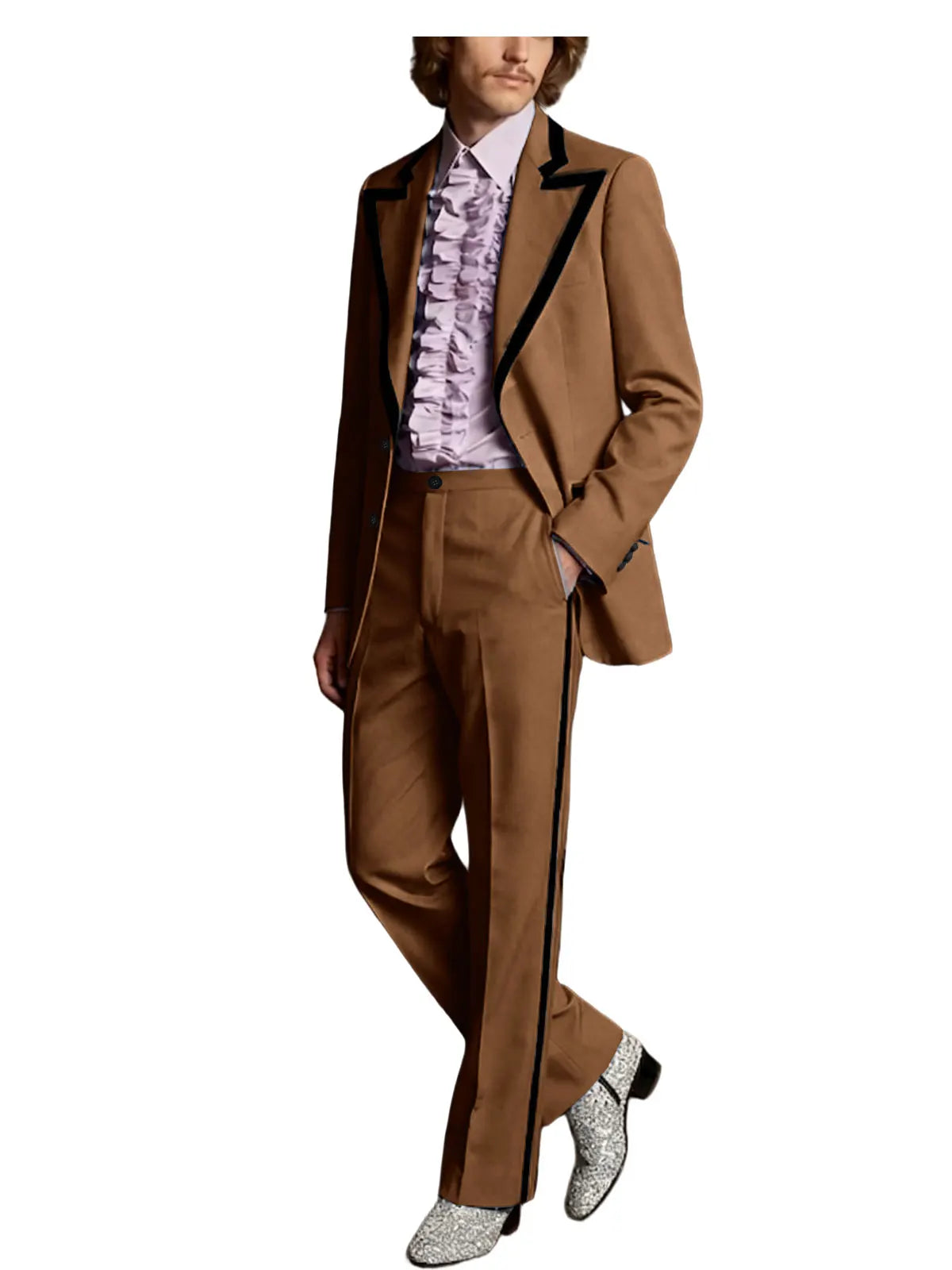 Men's Tuxedo Suit with Black Trim 2-Piece Slim Fit Blazer Pants Set Business Casual Jacket Straight Leg Trousers Formal Outfit