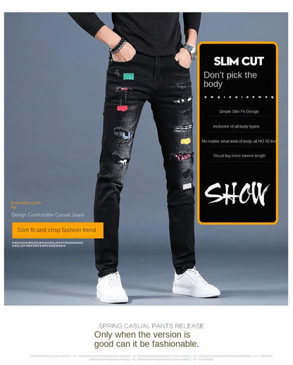 Harajuku Fashion Men's High-end Embroidered Jeans Korean Style Prints Patches Slim Fit Casual Spring Autumn Cowboy Trousers