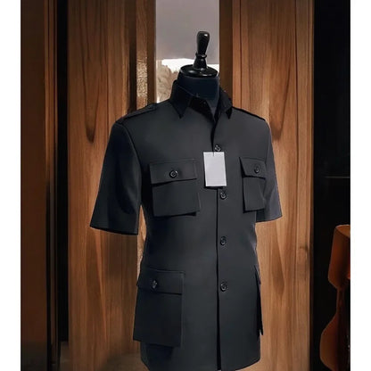 Safari Men Suits for Summer with Short Sleeve Single Breasted Casual Male Suit 2 Pieces Set Jacket with Pants Custom Made