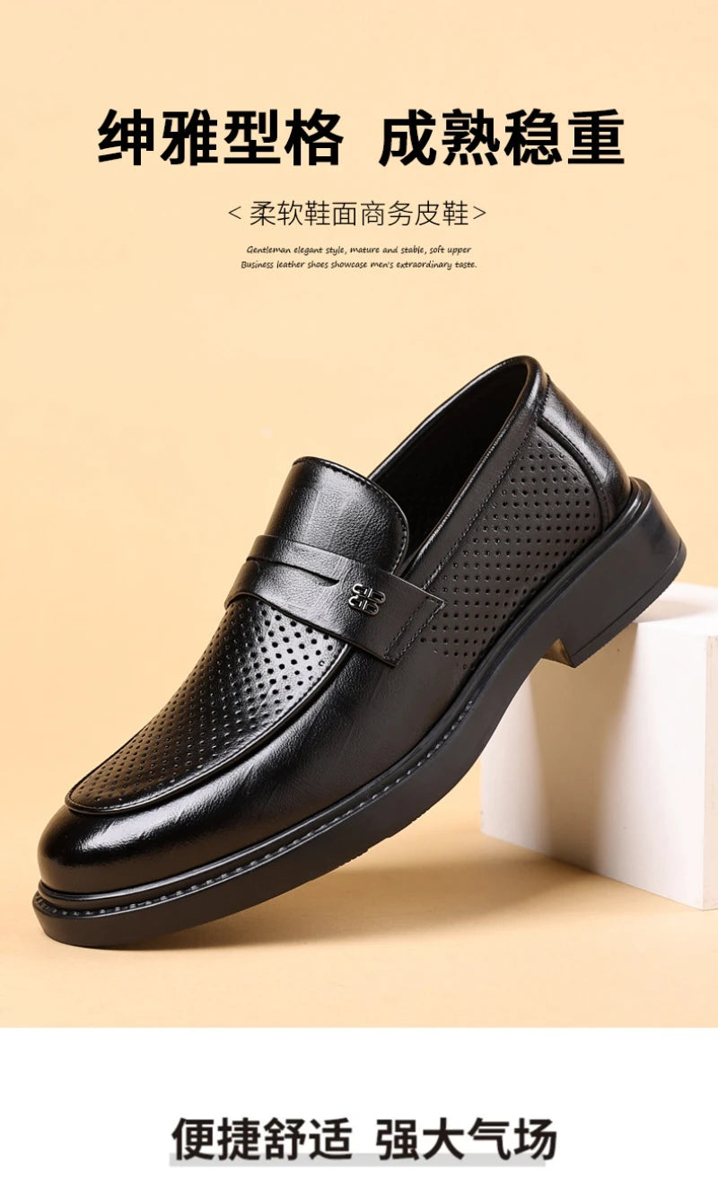 Mens Black Penny Loafers With Perforated Detail Slip On Comfortable Breathable Dress Shoes For Business Office And Summer Wear