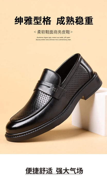 Mens Black Penny Loafers With Perforated Detail Slip On Comfortable Breathable Dress Shoes For Business Office And Summer Wear