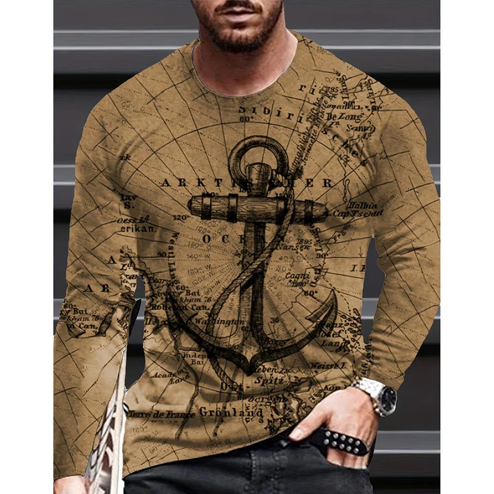 2023 Vintage Men's T Shirt Cotton Cross Pattern Long Sleeve 3D Clothing Nautical Map Print Street Harajuku Oversized