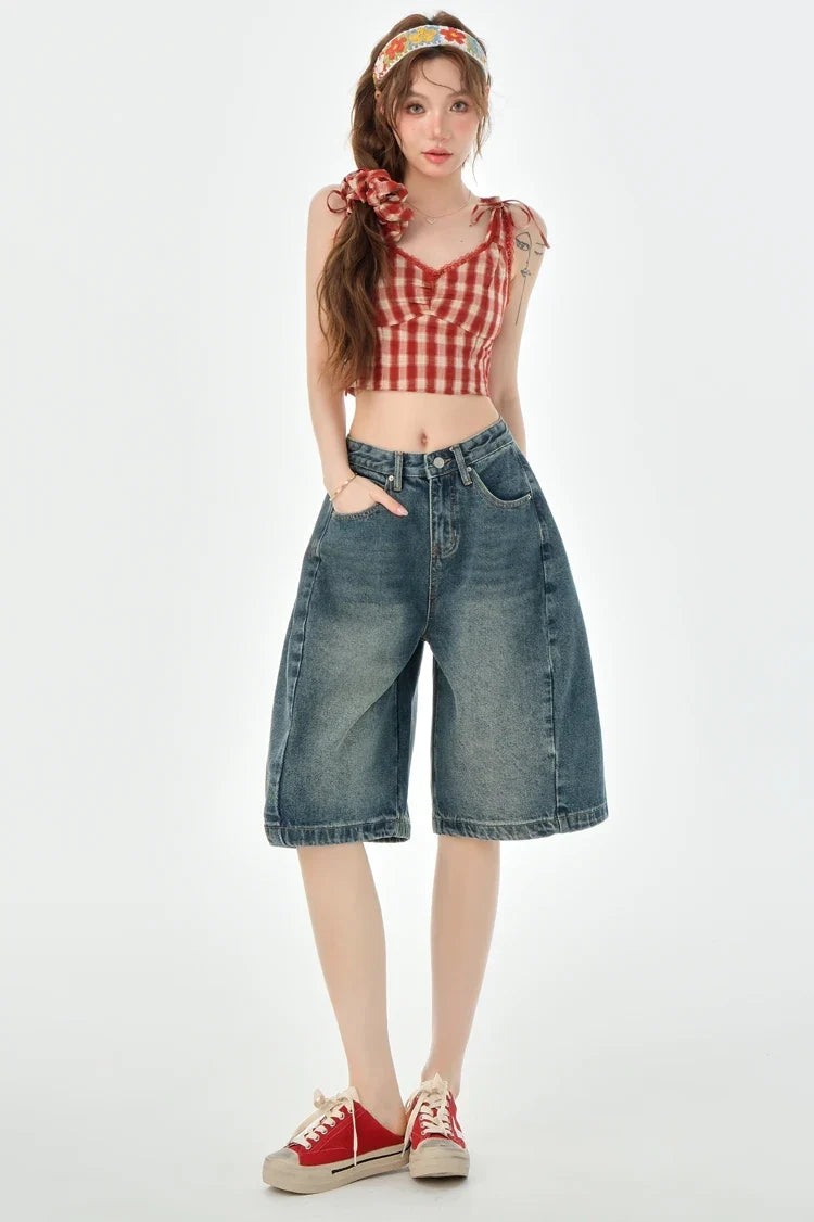 Loose Wide Leg Denim Knee Length Pants Women American Vintage Slimming Shorts