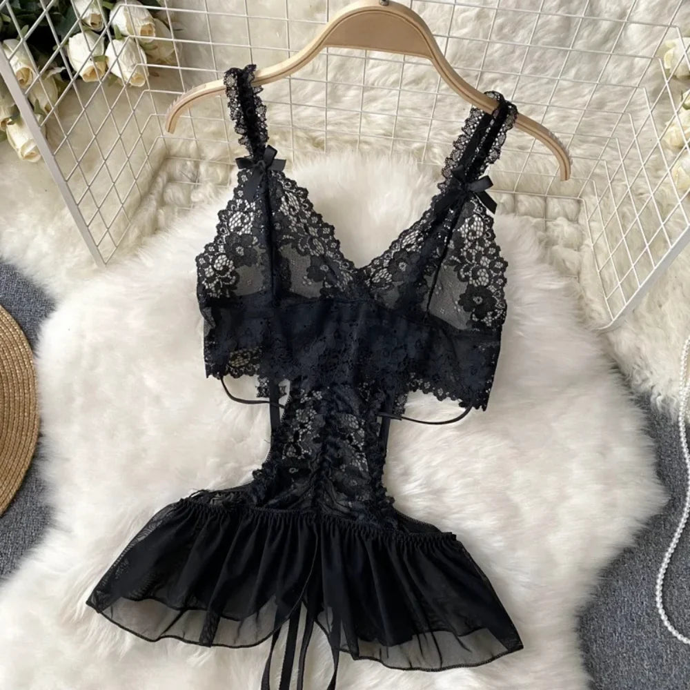 Woman Fashion Sexy Strap Dress New Sleeveless Slim Floral Print Mini Dress Comfortable Breathable Mesh Lace Mini Dress