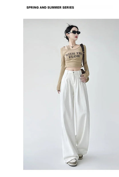 White Thin Pleated High Waist Non-Light Wide Leg Jeans Women's American High-End Loose Straight Lazy Floor-Length Pants