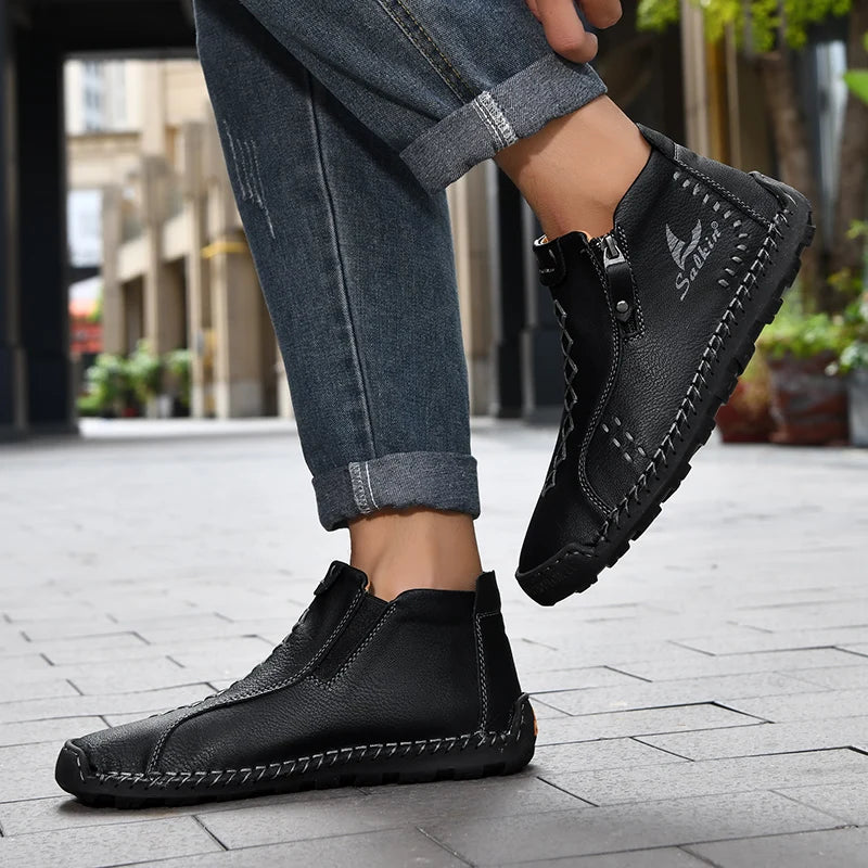 New Winter 2024 Handmade Leather Men Boots Zipper Design Sneakers Man Breathable Casual Leather Shoes Men Ankle Boots Outdoor