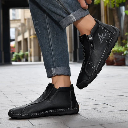 New Winter 2024 Handmade Leather Men Boots Zipper Design Sneakers Man Breathable Casual Leather Shoes Men Ankle Boots Outdoor