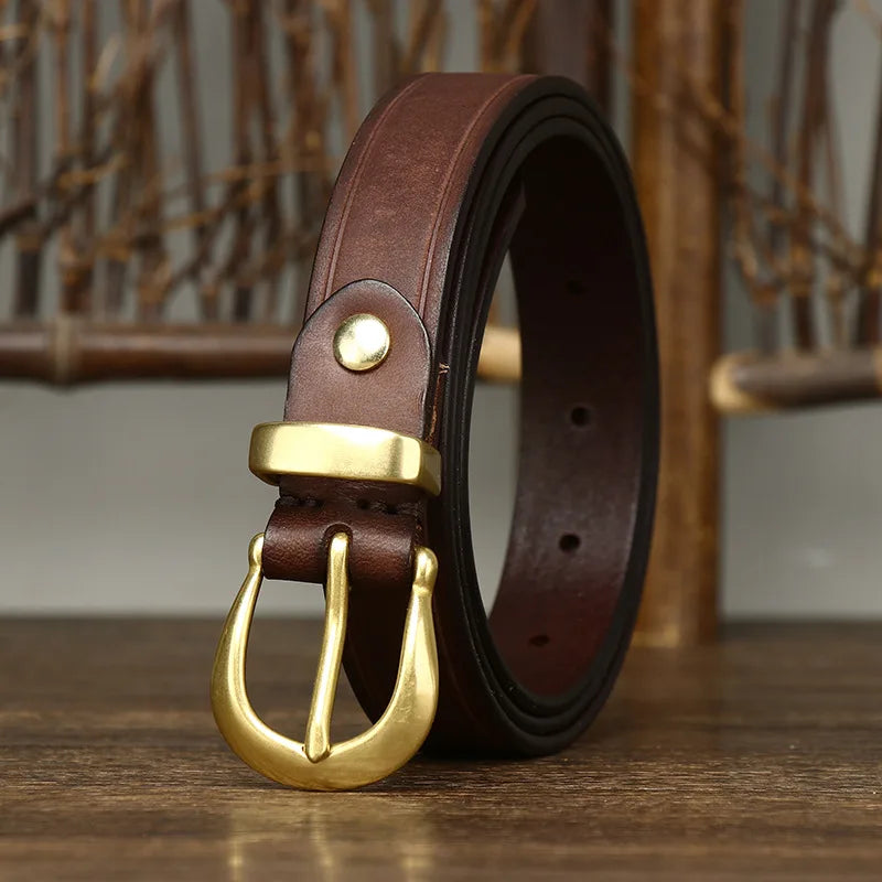 2.4 CM Pure Cowhide Genuine Leather Ladies High Quality Jeans Brass Buckle Belts Cowboy Fashion Designer Belts for Women luxury