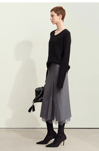 Minimalism Skirts for Woman 2025 Spring New Elegant Patchwork Lace Women's Clothing Retro Lady A-Line Pleated Skirt12443013