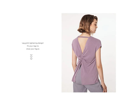 Women's Split Side Yoga Top Sexy Open Back Fitness T-shirt Loose Fit Workout Tee Running Sports Cover Gym Wear Woman Clothing