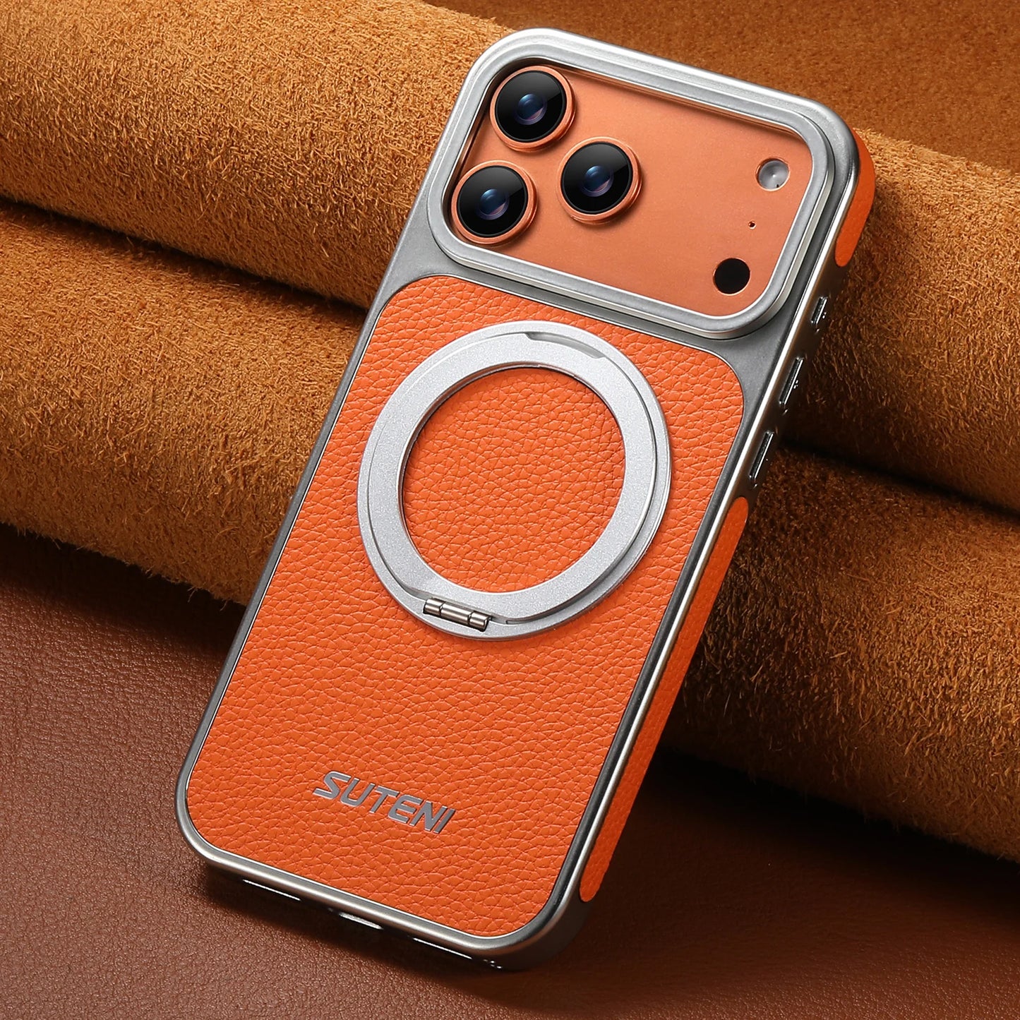 Faux Leather Magnet Wireless Charging Phone Case 360° Rotating Stand Ring Buckle Frosted Feel For iPhone 17 Pro Max 16 15