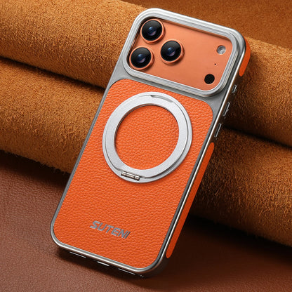 Faux Leather Magnet Wireless Charging Phone Case 360° Rotating Stand Ring Buckle Frosted Feel For iPhone 17 Pro Max 16 15