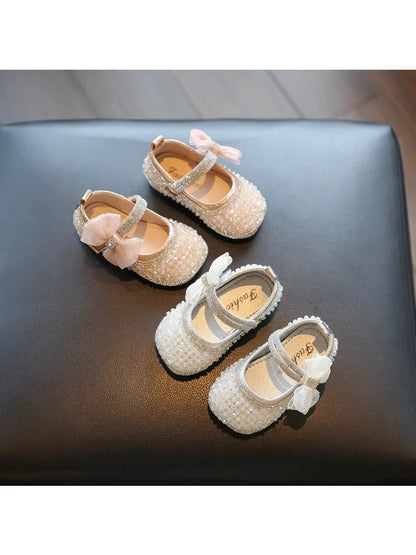 Girls Walking Shoes Lace Mesh Bows Kids Princess Shoes Non-slip Shiny Sequins 2025 New Children Flat Shoes Soft Sole Non-slip
