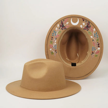 Witch Wide Brim Felt Fedora Hat Crescent Moon Butterfly Mushroom Floral Embroidery Gothic Black Wool Party Costume Hat for Women
