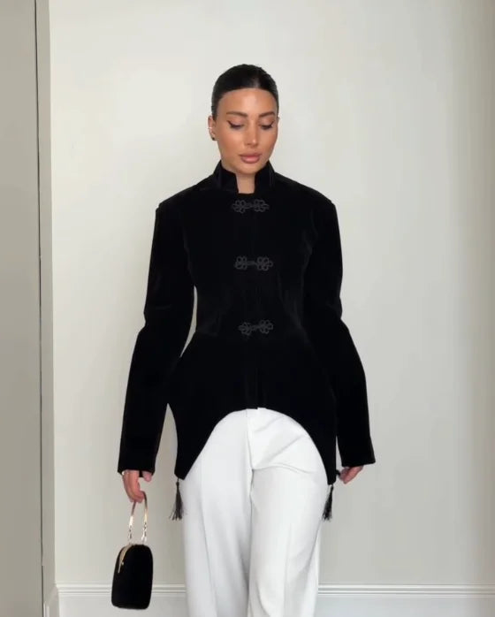 Women's Spring Summer Mandarin Collar Frog Button Velvet Asymmetric Hem Blazer Clubwear 2026 Trendy Feminine Fashion Blazer