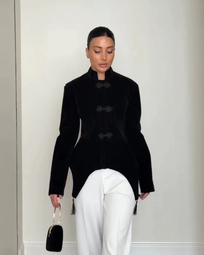 Women's Spring Summer Mandarin Collar Frog Button Velvet Asymmetric Hem Blazer Clubwear 2026 Trendy Feminine Fashion Blazer