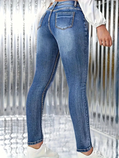 Y2K High Waist Blue Skinny Jeans for Women Elastic Retro Style Denim Pants Simple Classic Design