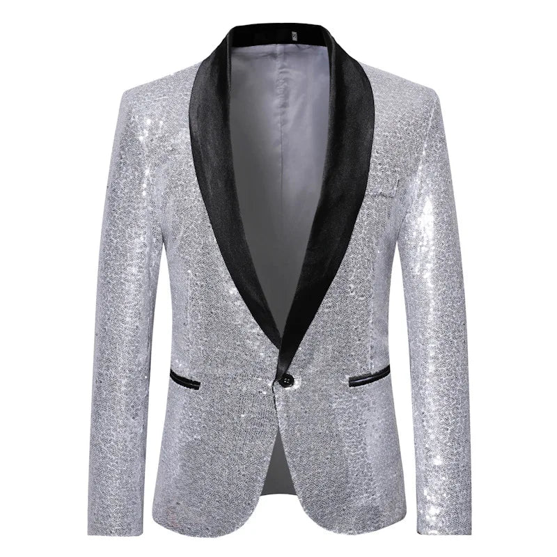 2026 Men's Suit Jacket, Shiny Sequin Stage Performance Coat, White Silver Blue Red Purple Blazers V-neck Single Button