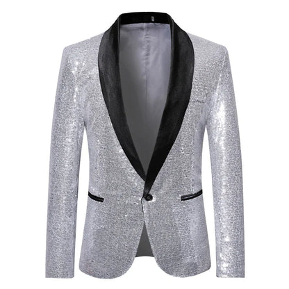2026 Men's Suit Jacket, Shiny Sequin Stage Performance Coat, White Silver Blue Red Purple Blazers V-neck Single Button