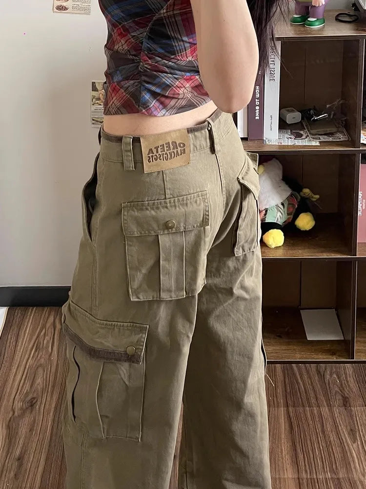 American Retro Workwear Denim Pants Women's High Waist Wide Leg Loose Straight Cut Trousers Spring Autumn New Sle Multi ket