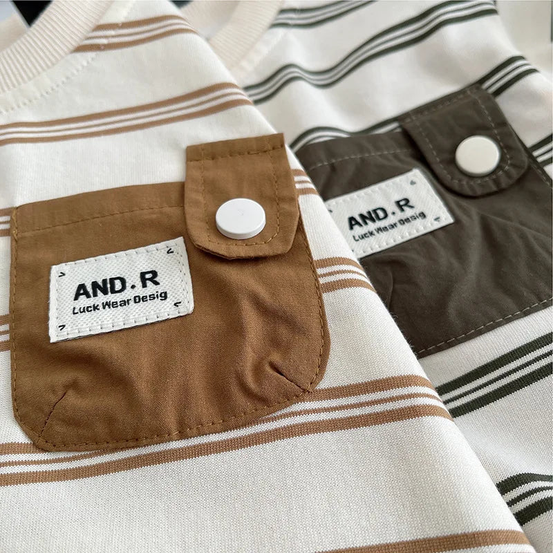 Children's Short Sleeved Round Neck Striped T-Shirt and Casual Shorts Set, Fashion Clothes, Summer, New, 0-5 Years Old
