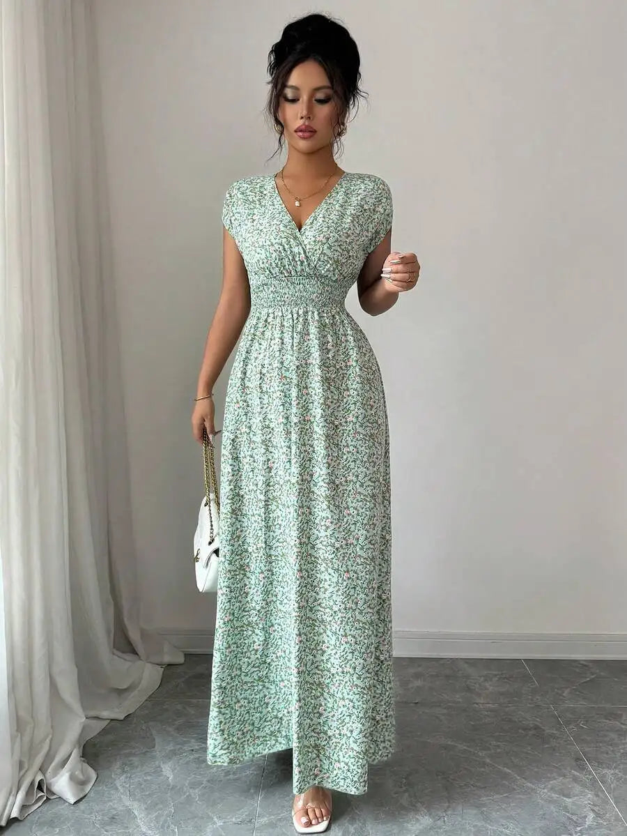 Women's Ditsy Floral V-Neck Sleeveless Waisted Maxi Dress