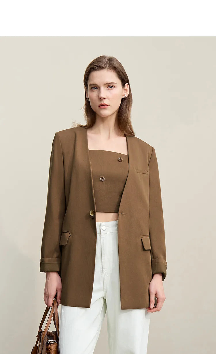 Women's Jacket 2026 Autumn New Bead Sheet Flower V-Neck Women's Blazer Straight Elegant Shoulder Pad Blazers Top 12621026