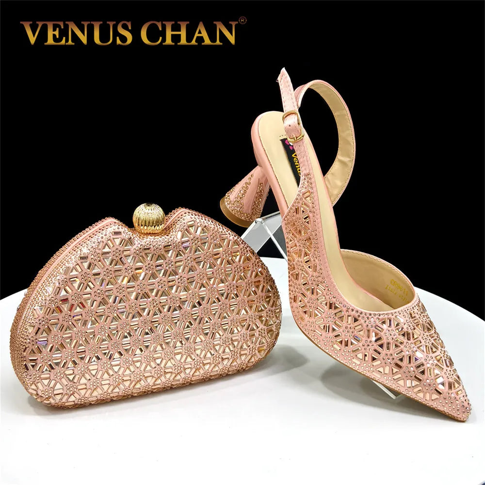 2026 New Elegant Champagne Color Pointed-Toe Italian Women's High-Heeled Shoe and Bag Set with Full Diamond Design for Parties