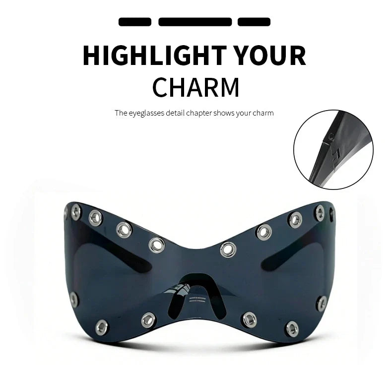 Unisex Y2K Punk Fashion Sunglasses - Futuristic One-Piece Goggles Metal Ring Rave sunglasses womenfor Rave & Cyber Party