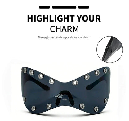 Unisex Y2K Punk Fashion Sunglasses - Futuristic One-Piece Goggles Metal Ring Rave sunglasses womenfor Rave & Cyber Party