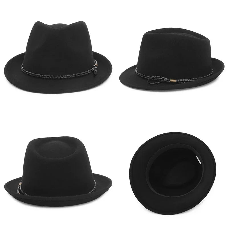 100% Wool Black Retro Felt Jazz Hats for Men Women Short Brim Gentleman Soft Trilby Fedora Panama Hat with Belt
