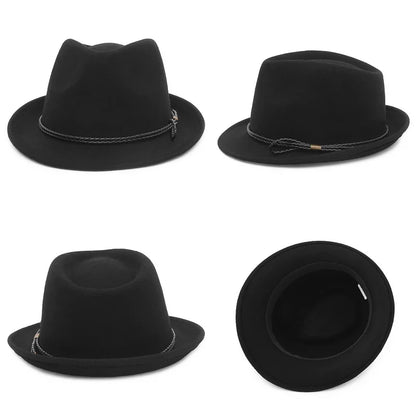 100% Wool Black Retro Felt Jazz Hats for Men Women Short Brim Gentleman Soft Trilby Fedora Panama Hat with Belt