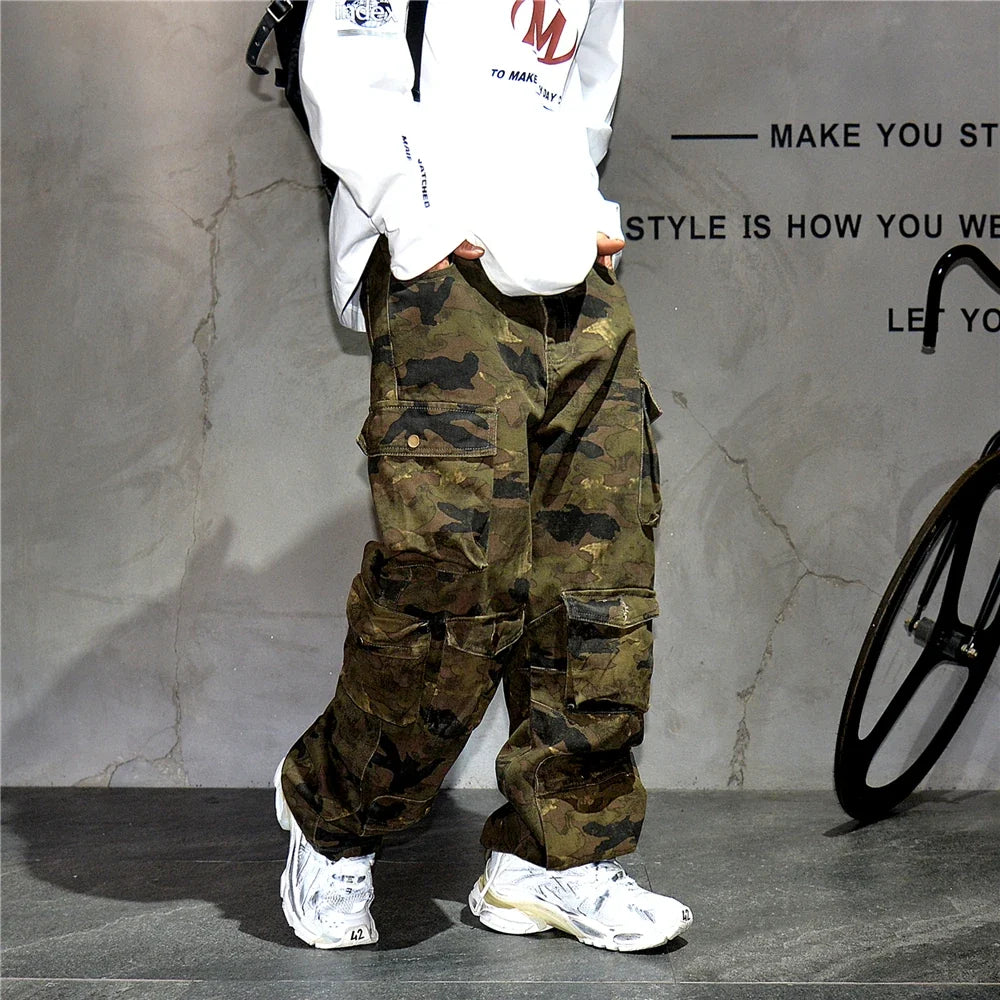 High Quality Vintage Multi-Pocket Camo Cargo Pants Mens Clothing High-End Fabric Tactical Baggy Pants Thick Casual Work Trousers